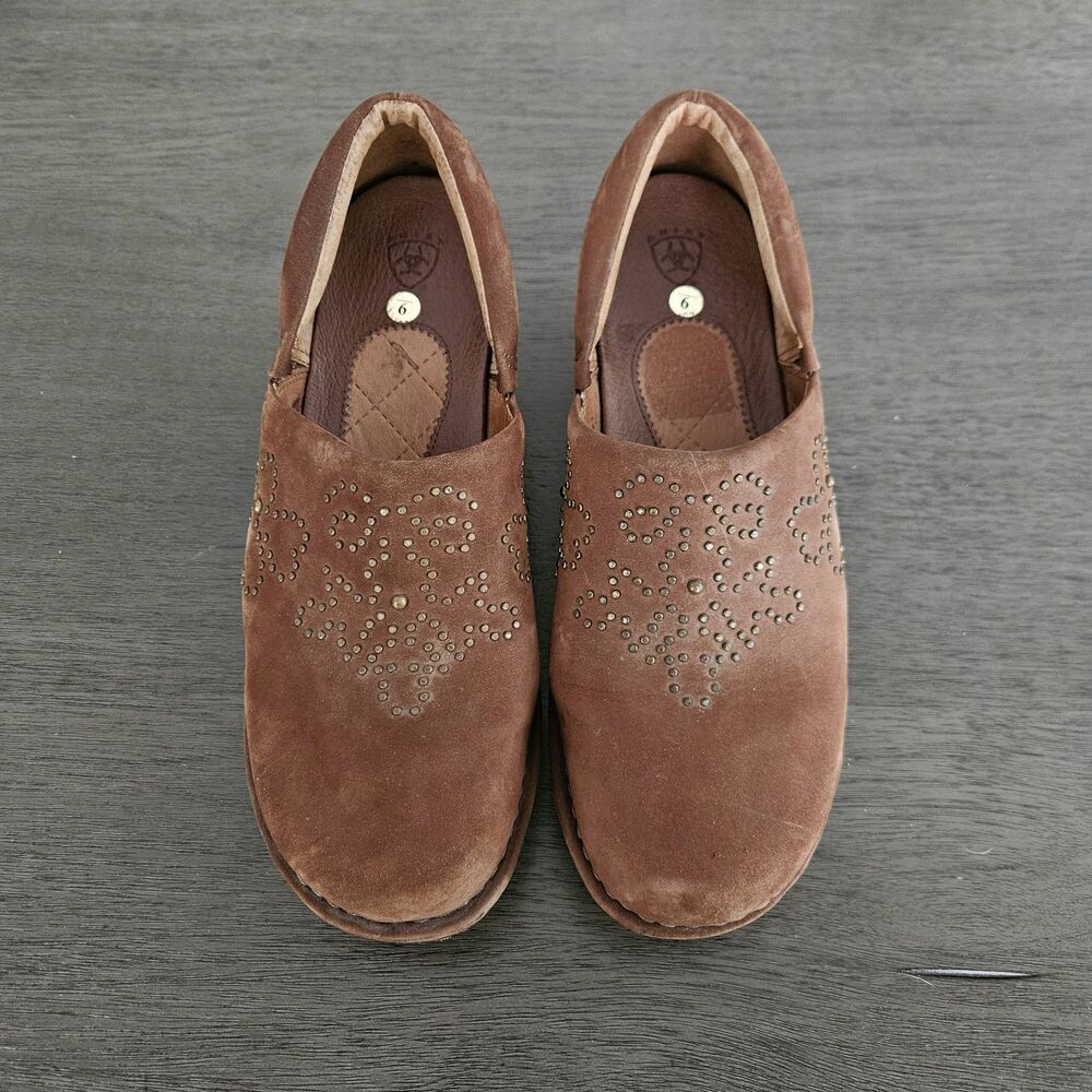 Ariat Strathmore Clogs Brown Nubuck Leather Floral Studded Mule Women's 9 - Picture 2 of 10
